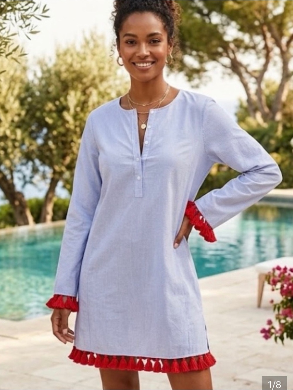 Tory Burch Light Blue Tunic Dress with Red Tassel Trim